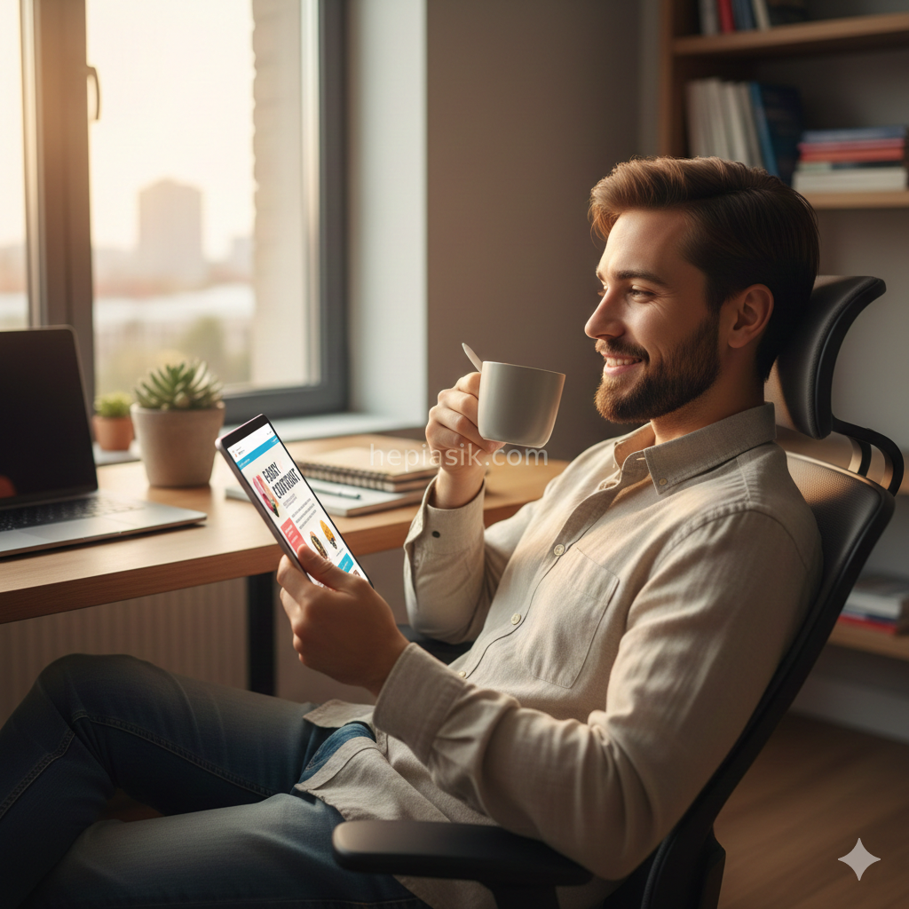 Anak muda produktif sedang fokus membaca konten digital yang berkualitas