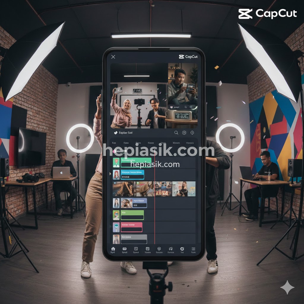Tampilan timeline aplikasi edit video cinematic di HP yang menunjukkan pengeditan multi-track